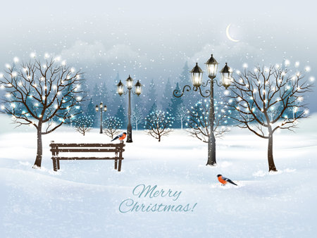 Christmas evening landscape with  winter village and white christmas trees. Vectorのイラスト素材