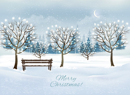 Holiday Christmas and Happy New Year background with evening landscape and trees with garland. Vectorのイラスト素材