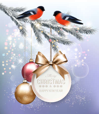 Holiday Christmas background with christmas brunch of trre, red bullfunch and a colorful balls. Vectorのイラスト素材