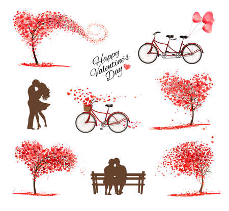 Holiday Valentine's Day background. Couple in love on a bicycle and heart shaped tree with heart-shaped leaves. Vectorのイラスト素材