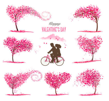 Holiday Valentine's Day background. Couple in love on a bicycle and heart shaped tree with heart-shaped leaves. Vectorのイラスト素材