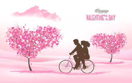 Holiday Valentine's Day background. Couple in love on a bicycle and heart shaped tree with heart-shaped leaves. Vectorのイラスト素材