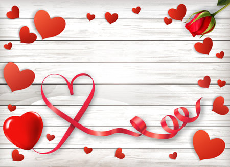 Happy Valentine's Day getting card  with couple in love and a red heart shape ribbon. Vector.のイラスト素材