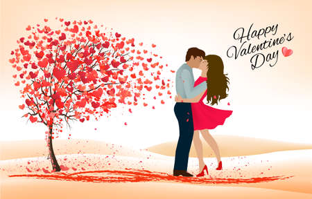 Happy Valentine's Day getting card  with couple in love and a red heart shape ribbon. Vector.のイラスト素材