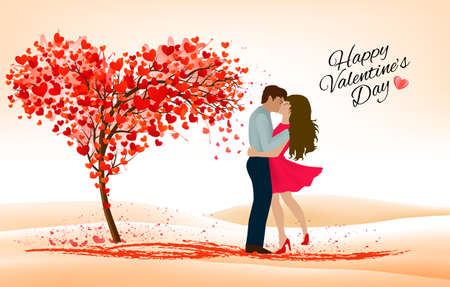 Happy Valentine's Day getting card  with couple in love and a red heart shape ribbon. Vector.のイラスト素材