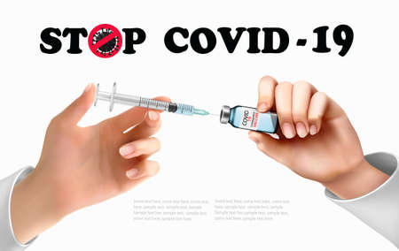 Stop Coranavirus concept Omicron Covid-19 vaccine background. Hands holding bottle with vaccine destroying virus COVID - 19 and syringe. Vectorのイラスト素材