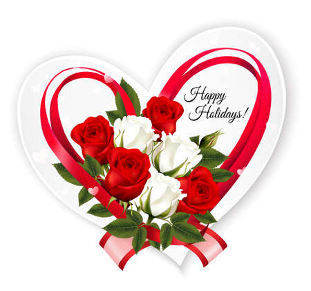 Happy Valentine's Day beautiful getting card with colorful roses and a red heart shape ribbon and bow. Vector.のイラスト素材