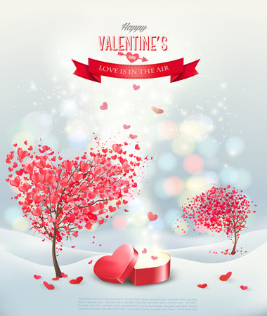Valentine`s day background trees with hearts and an open red gift heart shape box. Vector.のイラスト素材