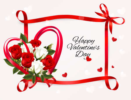 Happy Valentine's Day beautiful getting card with colorful roses and a red heart shape ribbon and bow. Vector.のイラスト素材