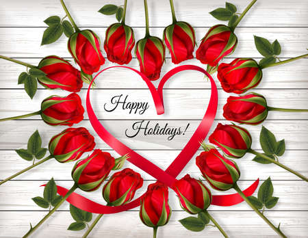 Happy Valentine's Day beautiful getting card with colorful roses and a red heart shape ribbon on wooden sign. Vector.のイラスト素材