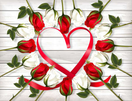Happy Valentine's Day beautiful getting card with colorful roses and a red heart shape ribbon on wooden sign. Vector.のイラスト素材