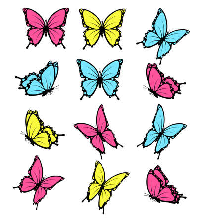 Collection of butterflies, flying in different directions. Butterfle silhouette. Vector.のイラスト素材