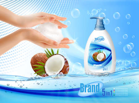 Two hands holding cream foam with bubbles and liquid hand wash with a vanilla aroma. Realistic cream foam with bubbles andnd liquid hand wash for detergent advertising design. Vectorのイラスト素材