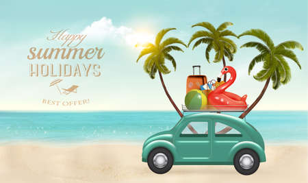 Summer vacation concept background. Car with travel items on the beach. Vectorのイラスト素材