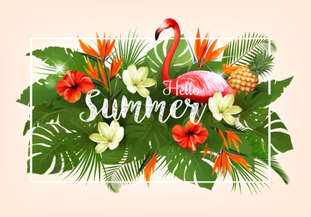Summer tropical holiday background with exotic palm leaves, colorful tropic flowers and a pink flamingo. Vectorのイラスト素材