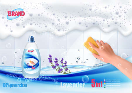 A hand holds a cleaning sponge and wipes soap suds on a dirty white tile before and after.Lavender scent cleaner ad template with detergent bottle mockup. Vectorのイラスト素材