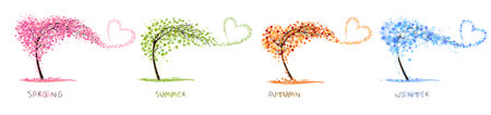 Four abstact backgrounds with stylized trees with colorful leaves, snowflakes and heart shaped flowers representing different seasons - spring, summer, autumn, winter. Vectorのイラスト素材