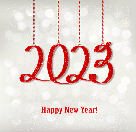 Happy New Year and Christmas holiday background with a 2022 and branch of tree and gift box. Vector.