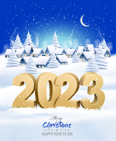 Holiday christmas background with christmas village and winter landscape. Vectorのイラスト素材