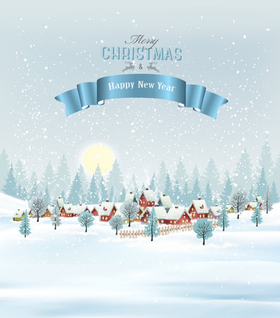 Holiday christmas background with christmas village and winter landscape. Vectorのイラスト素材