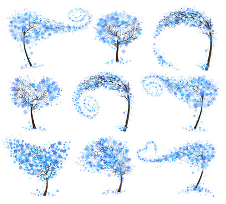 Hello a white Winter. Set of Winter Inspired Trees with snowflakes. Vector illustration.のイラスト素材