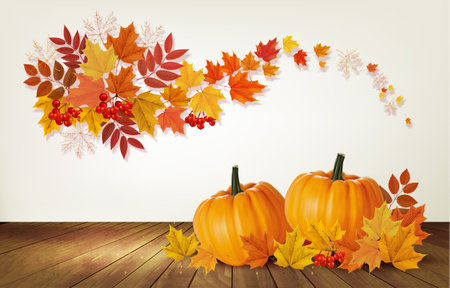 Happy Thanksgiving background with autumn vegetables and colorful leaves. Vector.のイラスト素材