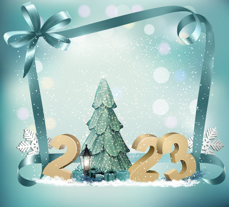 Holiday Christmas and Happy New Year background with a winter village and  christmas trees, winter sledge and colorful presents. Vector.のイラスト素材
