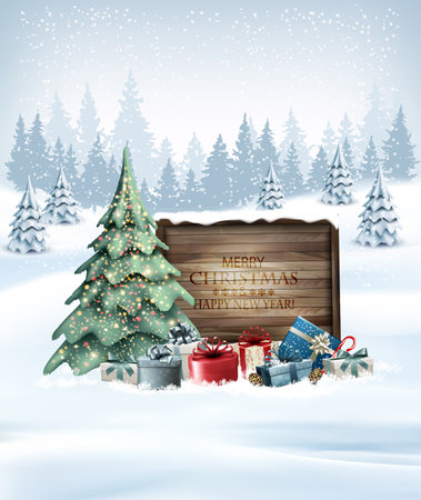 Holiday Christmas and Happy New Year background with a winter village and  christmas trees, winter sledge and colorful presents. Vector.のイラスト素材
