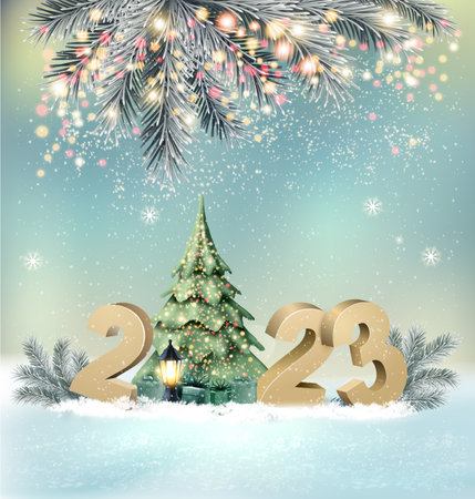 Holiday Christmas and Happy New Year background with a winter village and  christmas trees, winter sledge and colorful presents. Vector.のイラスト素材