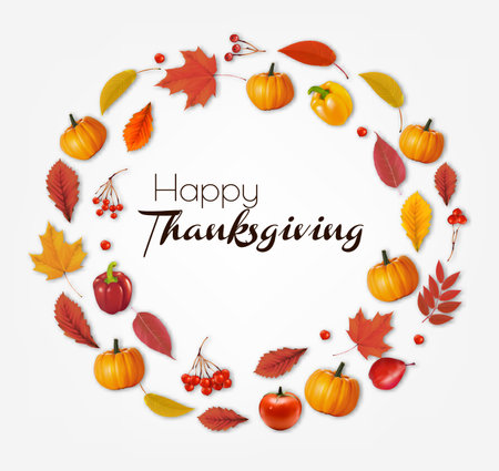 Happy Thanksgiving Holiday background with autumn vegetables and colorful leaves. Vector.のイラスト素材