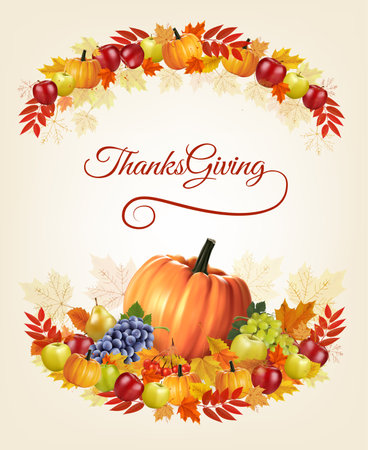 Happy Thanksgiving Background with colorful leaves, pumpkins and fresh fruits. Vector.の写真素材