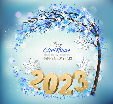 Merry Christmas and Happy New Year Background with 2023 letters and christmas tree with snowflakes. Vectorのイラスト素材