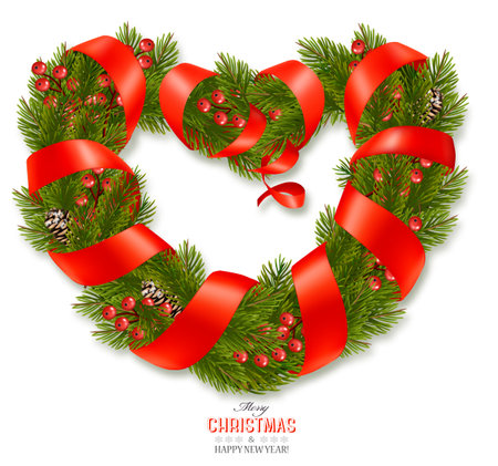 Happy Holiday background. Branches of Christmas Tree with berries and pine the shape of a heart. Frame and red ribbon. Vectorのイラスト素材