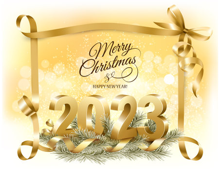 Merry Christmas and Happy New Year background with a 2023 letters and branch of tree. Vector.のイラスト素材