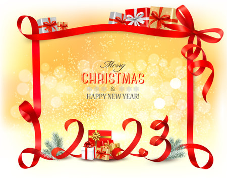 Merry Christmas and Happy New Year background with a 2023 letters and a red ribbon. Vector.のイラスト素材