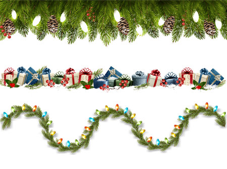 Christmas tree branches and garland with colorful light bulbs the shape of a wavy line and board with colorful gift boxes Transparent decorative garland. Xmas light border effect. Holiday decor element.  Vector.のイラスト素材