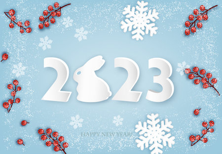 Merry Christmas and Happy New Year background with a 2023 letters, red berries and snowflakes. Year...