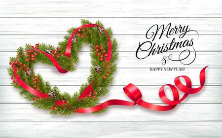 Happy Holiday background. Branches of Christmas Tree with berries and pine the shape of a heart and red ribbon on wooden background. Vectorのイラスト素材