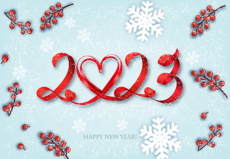 Merry Christmas and Happy New Year Background with 2023 letters and heart made from red ribbon, snowflakes and red berries. Vectorのイラスト素材