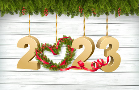 Merry Christmas and Happy New Year Background with 2023 letters and Branches of Christmas Tree with...