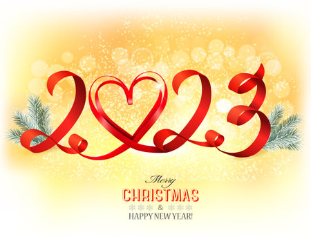 Merry Christmas and Happy New Year Yellow Glowing Background with 2023 lettes and Red Ribbon Heart and Christmas Tree Branches. Vectorのイラスト素材