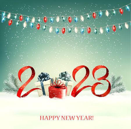 2023 New Year background with gift boxes and colorful garland. Vector.のイラスト素材