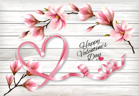 Pink magnolia flowers and ribbon shape heart on a wooden sign. Valentine's Day background. Vector illustrationのイラスト素材