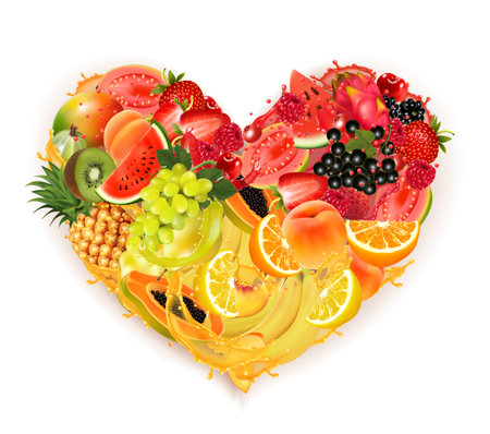 Fruits and berries in a splash of juice collected in the shape of a heart. Strawberry, raspberry, blueberry, blackberry, orange, guava, watermelon, pineapple, mango, peach, apple, kiwi, banana. Vectorのイラスト素材