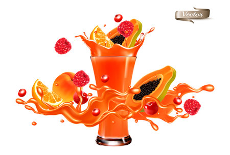 Red fruit juice splash wave. Whole and sliced strawberry, raspberry, cherry, papaya,  orange in a sweet syrup wave with splashes and glass with juice isolated on transparent background. 3D. Vector.のイラスト素材
