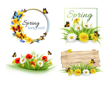Set of spring sale banners with flowers and cards. Vector.のイラスト素材