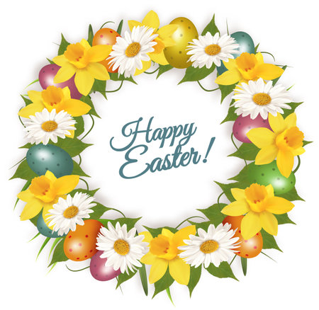 Happy Easter background with grass, spring flowers and easter eggs.  Easter Wreath with colorful eggs, grass and flowers. Vectorのイラスト素材