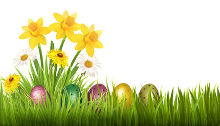 Easter Holiday Background. Colofrul eggs in green grass and  spring flowers. Vector.のイラスト素材