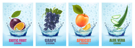 Set of labels with fruit and vegetables drink. Fresh fruits juice splashing together- passion fruit, grape, apricot, aloe vera in water drink splashing. 3d fresh fruits. Vector illustration.のイラスト素材