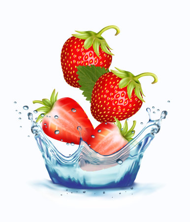 Fresh strawberry in water splash. 3D fresh berries falling into the water. Vector illustration.のイラスト素材